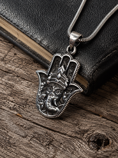 Solid Sterling Silver Hamsa Ganesh Pendant – Heavy 925 Silver Unisex Spiritual Amulet