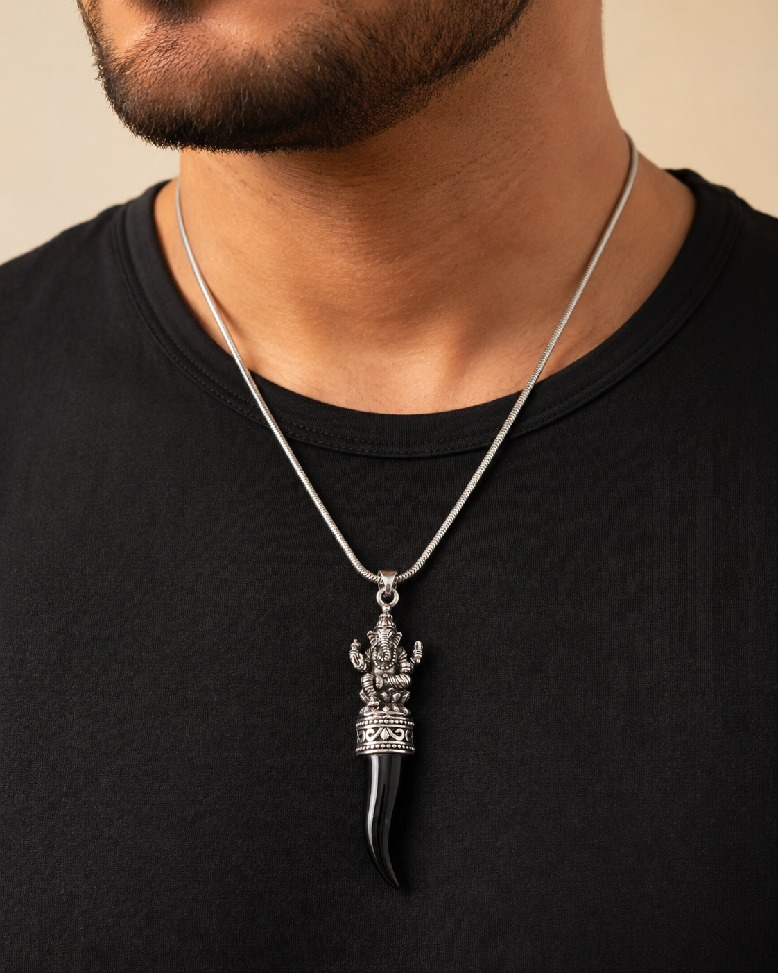 Sterling Silver Ganesha Black Onyx Tusk Pendant Pendant