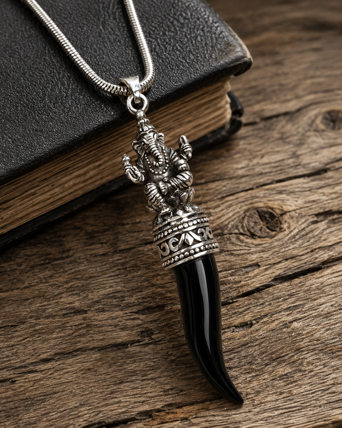 Sterling Silver Ganesha Black Onyx Tusk Pendant Pendant