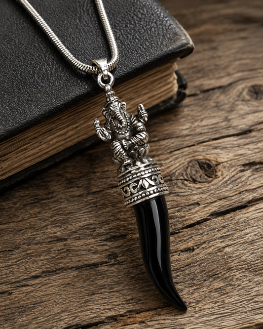 Sterling Silver Ganesha Black Onyx Tusk Pendant Pendant