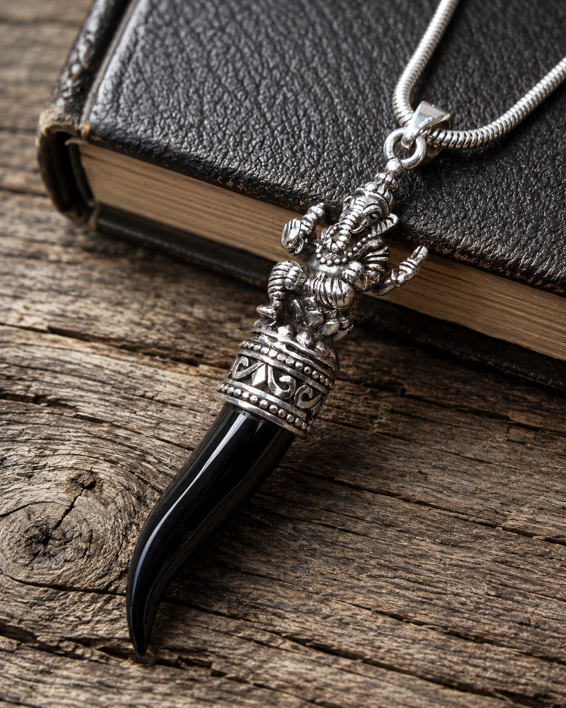 Sterling Silver Ganesha Black Onyx Tusk Pendant Pendant