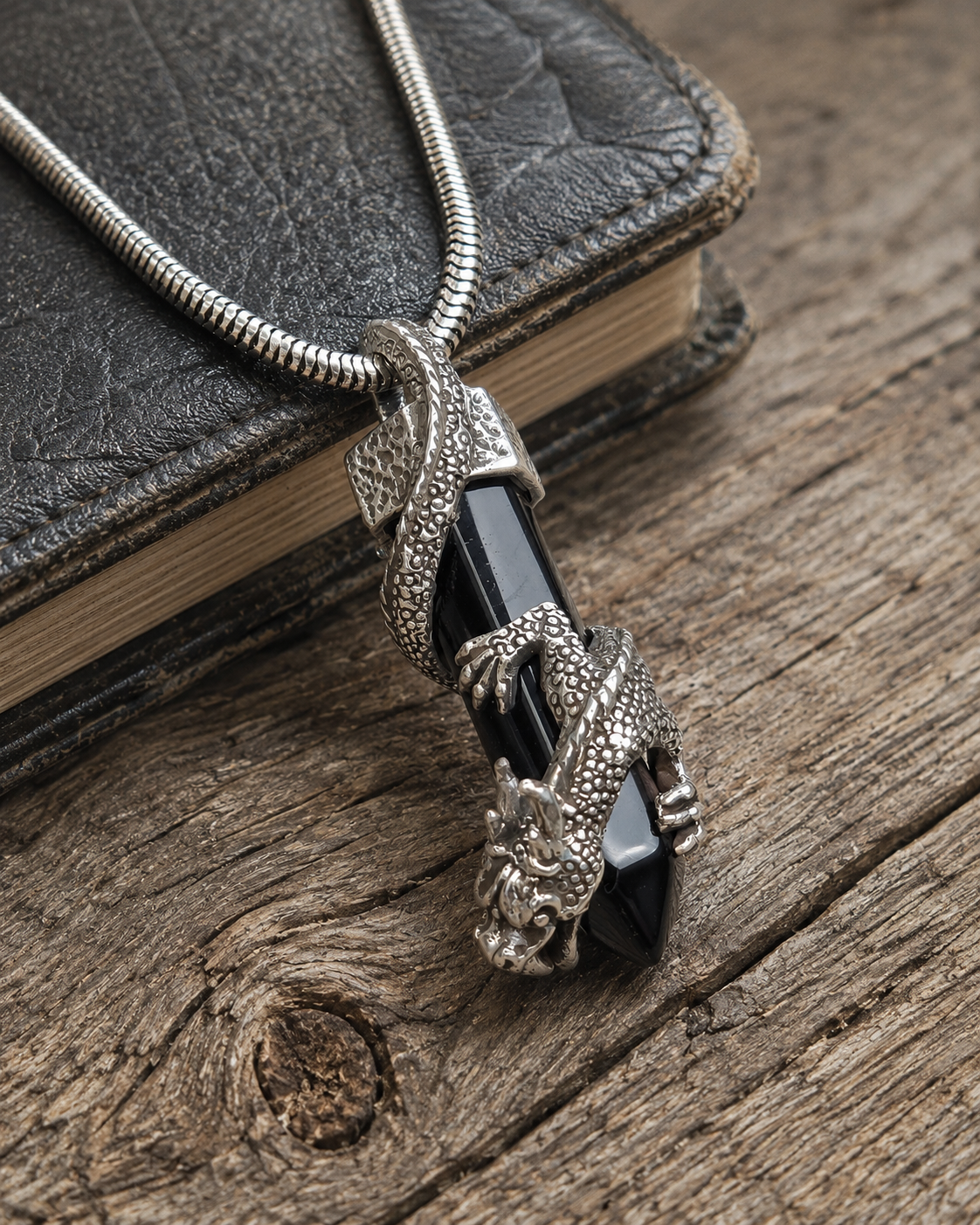 Sterling Silver Dragon Black Onyx Pendant  – Solid Unisex Gothic Crystal Jewelry