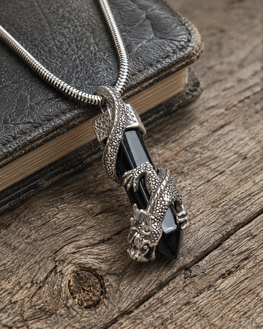 Sterling Silver Dragon Black Onyx Pendant  – Solid Unisex Gothic Crystal Jewelry