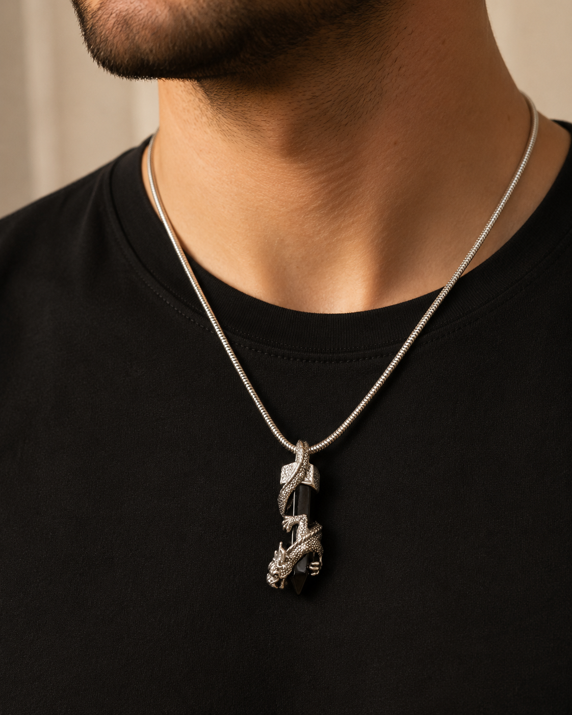 Sterling Silver Dragon Black Onyx Pendant  – Solid Unisex Gothic Crystal Jewelry