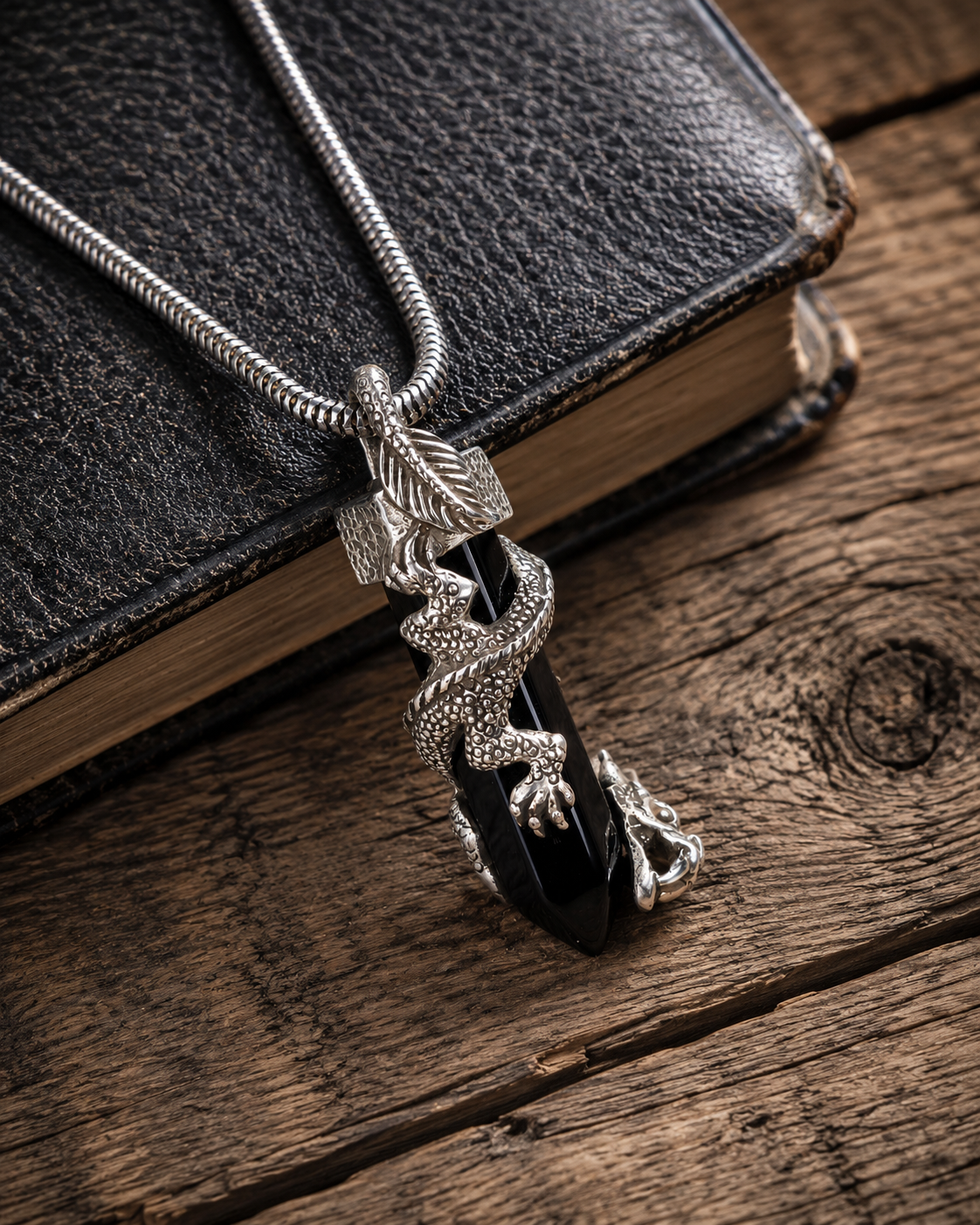Sterling Silver Dragon Black Onyx Pendant  – Solid Unisex Gothic Crystal Jewelry
