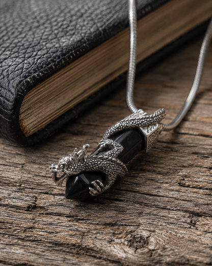 Sterling Silver Dragon Black Onyx Pendant  – Solid Unisex Gothic Crystal Jewelry