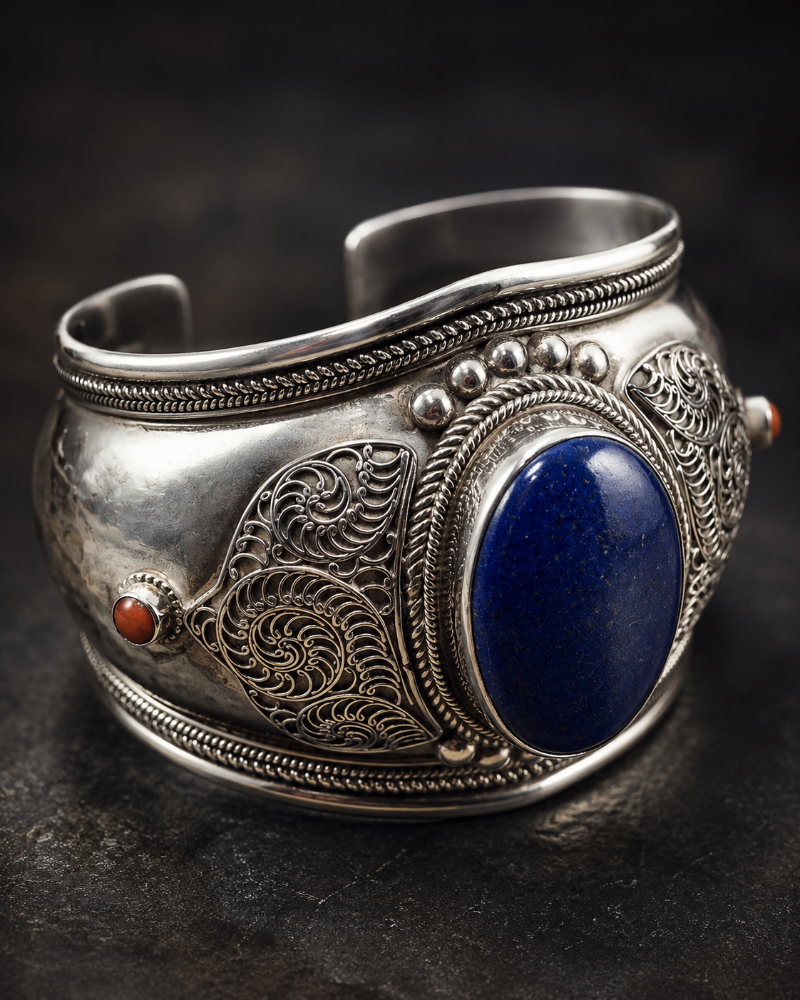 Sterling Silver Lapis Lazuli Cuff Bracelet with Italian Coral Accents