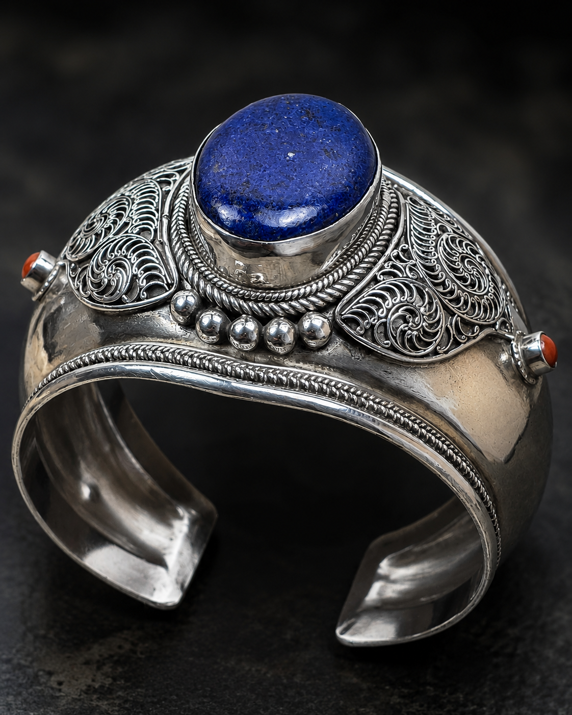 Sterling Silver Lapis Lazuli Cuff Bracelet with Italian Coral Accents