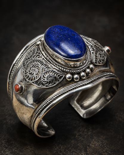 Sterling Silver Lapis Lazuli Cuff Bracelet with Italian Coral Accents