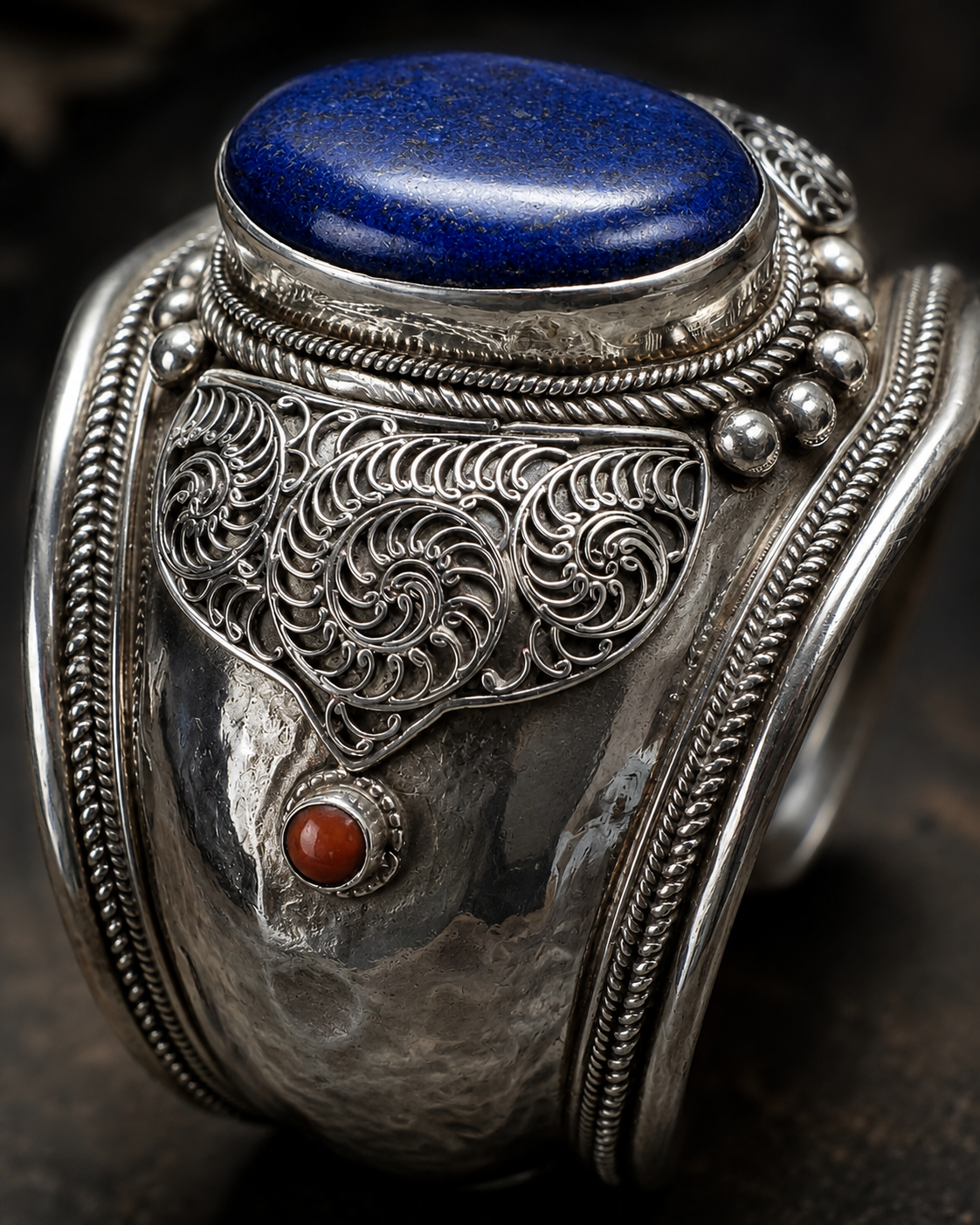 Sterling Silver Lapis Lazuli Cuff Bracelet with Italian Coral Accents