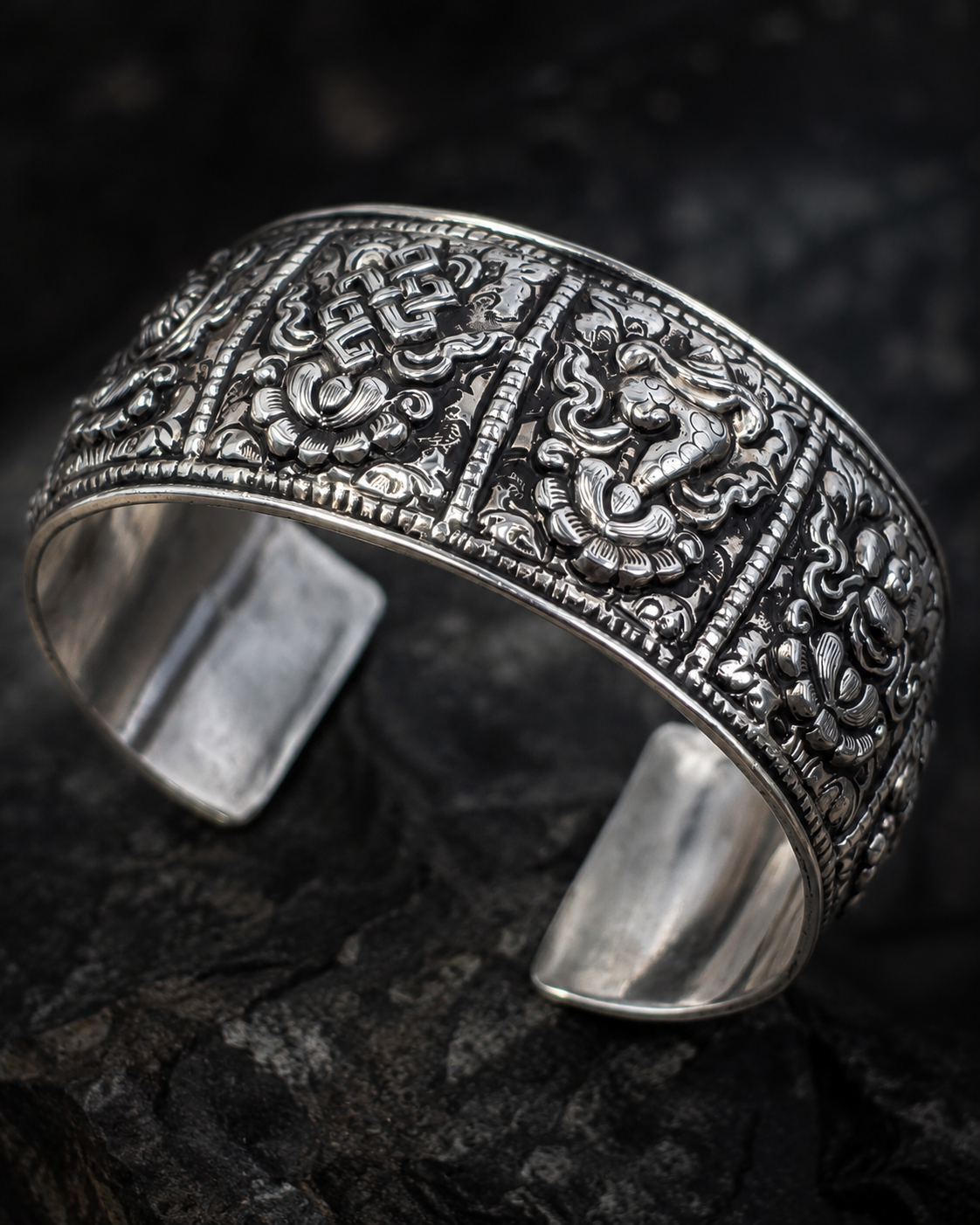 Heavy Sterling Silver Eight Auspicious Symbols Cuff Bracelet – Solid 925 Silver Buddhist Bangle