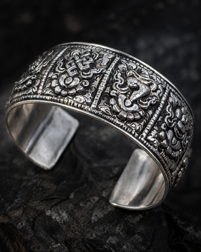 Heavy Sterling Silver Eight Auspicious Symbols Cuff Bracelet – Solid 925 Silver Buddhist Bangle