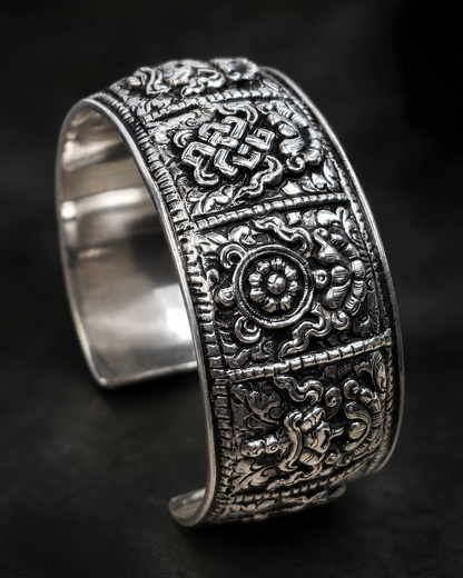 Heavy Sterling Silver Eight Auspicious Symbols Cuff Bracelet – Solid 925 Silver Buddhist Bangle