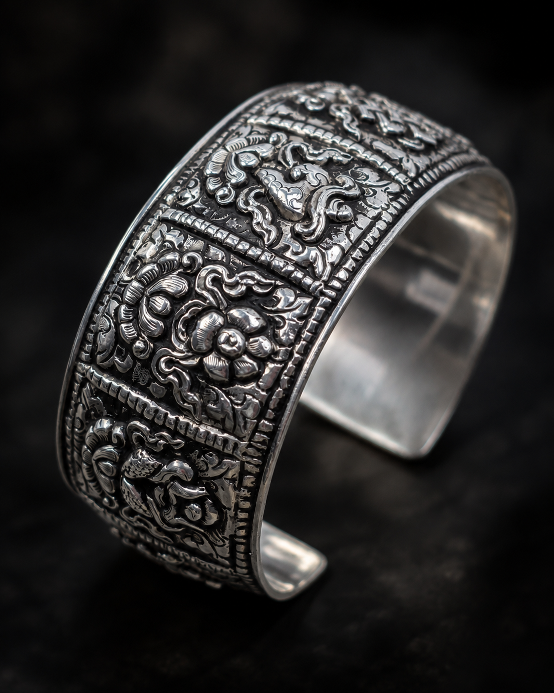 Heavy Sterling Silver Eight Auspicious Symbols Cuff Bracelet – Solid 925 Silver Buddhist Bangle