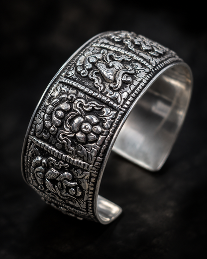 Heavy Sterling Silver Eight Auspicious Symbols Cuff Bracelet – Solid 925 Silver Buddhist Bangle