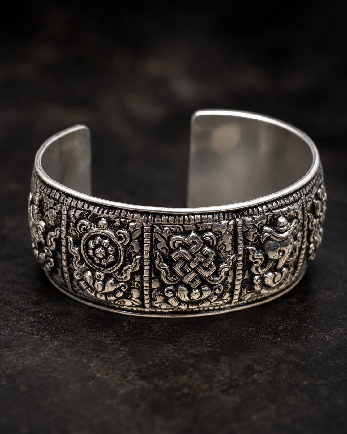 Heavy Sterling Silver Eight Auspicious Symbols Cuff Bracelet – Solid 925 Silver Buddhist Bangle