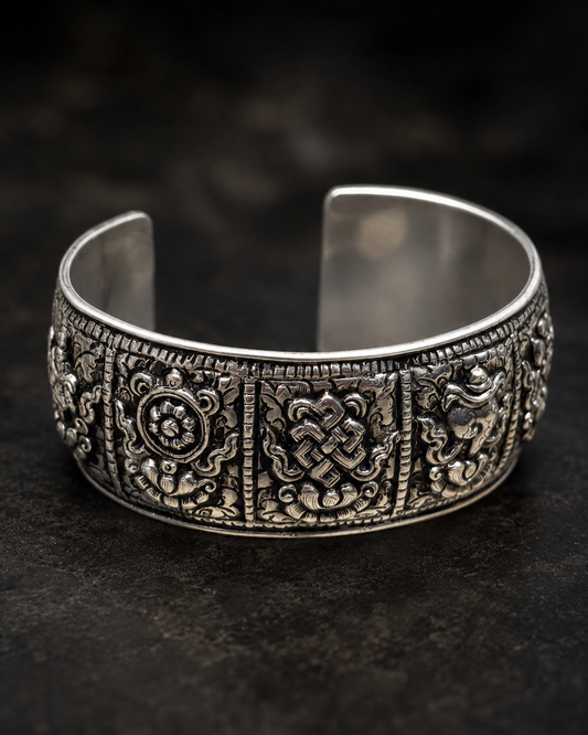 Heavy Sterling Silver Eight Auspicious Symbols Cuff Bracelet – Solid 925 Silver Buddhist Bangle