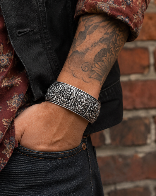 Heavy Sterling Silver Eight Auspicious Symbols Cuff Bracelet – Solid 925 Silver Buddhist Bangle