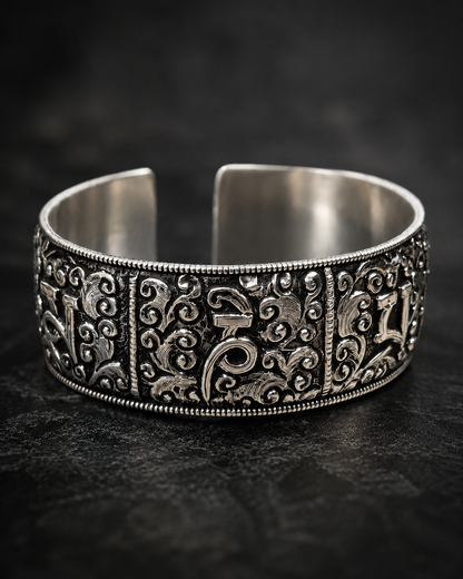 Heavy Solid Sterling Silver Om Mani Padme Hum Cuff Bracelet