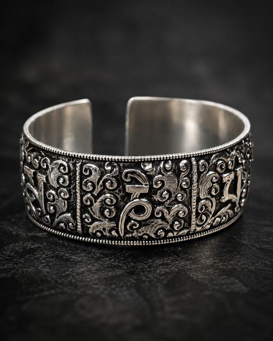 Heavy Solid Sterling Silver Om Mani Padme Hum Cuff Bracelet