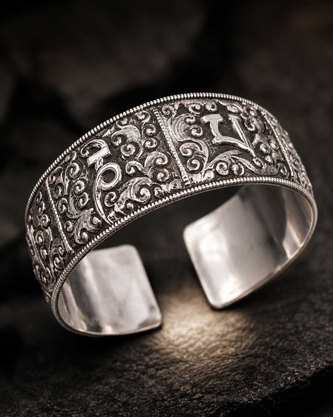 Heavy Solid Sterling Silver Om Mani Padme Hum Cuff Bracelet