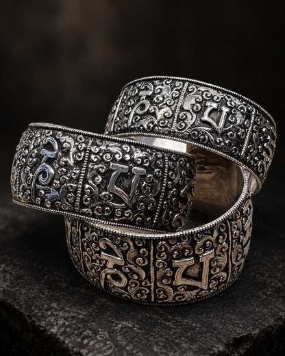 Heavy Solid Sterling Silver Om Mani Padme Hum Cuff Bracelet
