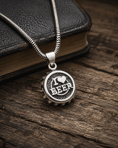Solid Sterling Silver I Love Beer Bottle Cap Pendant – 925 Silver Beer Lover Gift