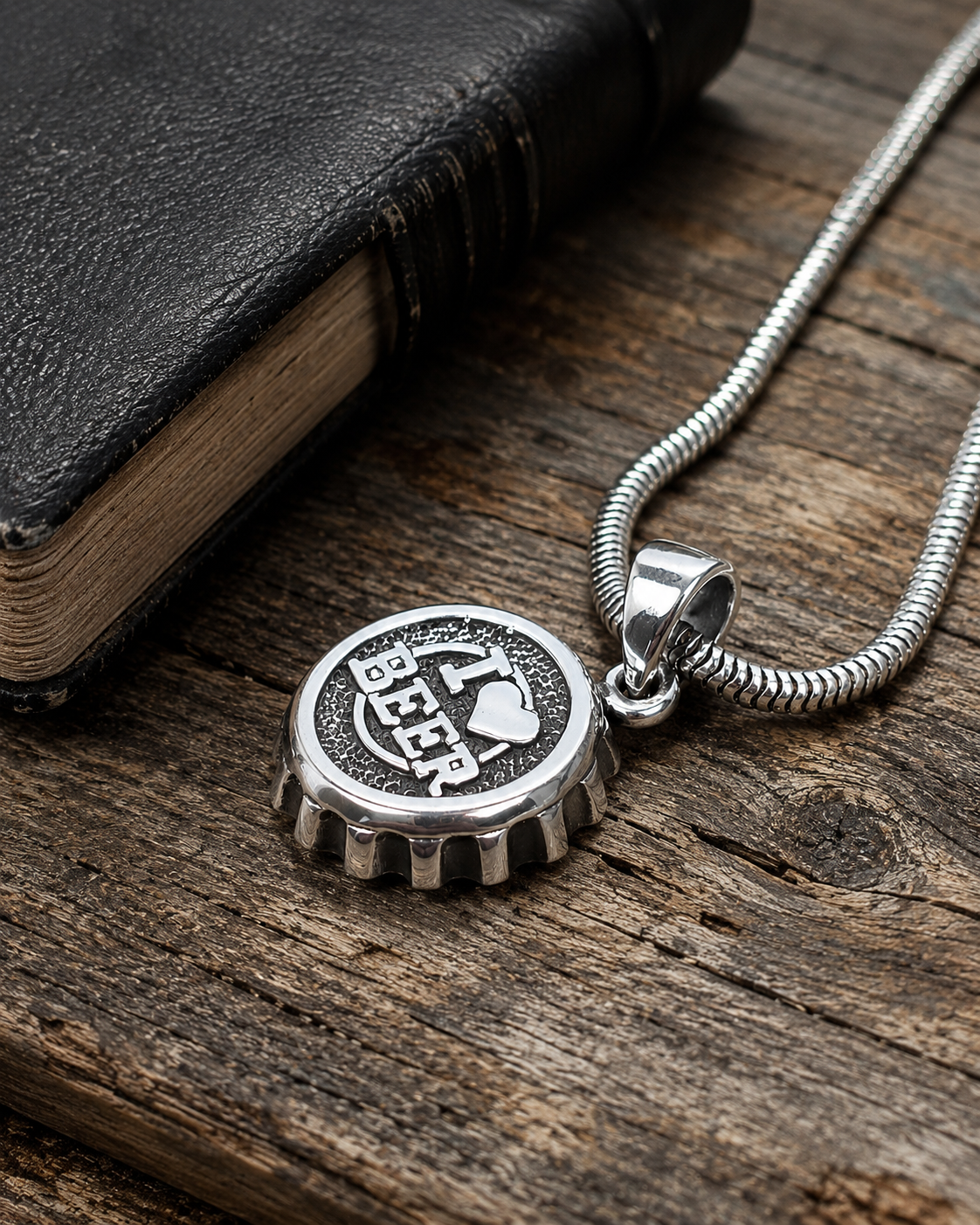 Solid Sterling Silver I Love Beer Bottle Cap Pendant – 925 Silver Beer Lover Gift