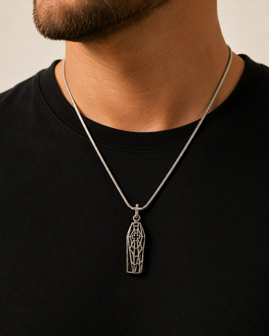 Sterling Silver Coffin Pendant with Skeleton & Cross Charm Gothic Pendant