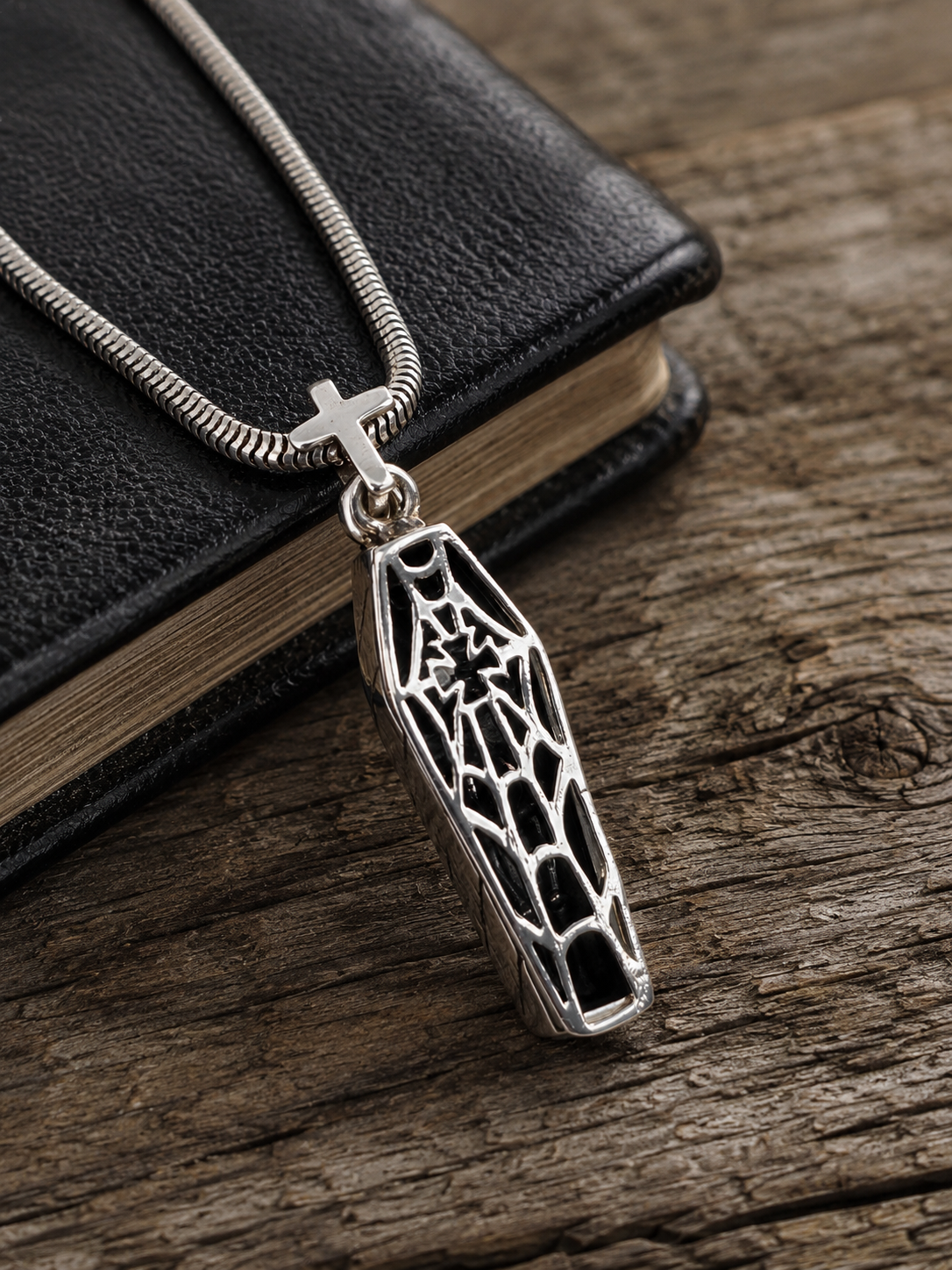 Sterling Silver Coffin Pendant with Skeleton & Cross Charm Gothic Pendant