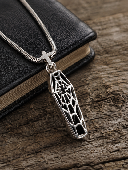 Sterling Silver Coffin Pendant with Skeleton & Cross Charm Gothic Pendant