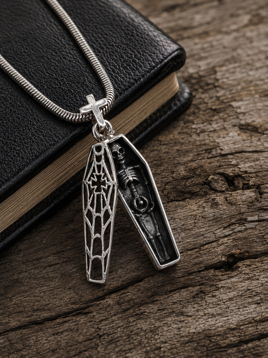 Sterling Silver Coffin Pendant with Skeleton & Cross Charm Gothic Pendant