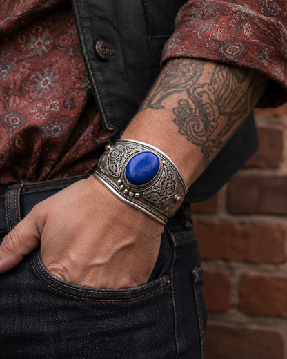 Sterling Silver Lapis Lazuli Cuff Bracelet with Italian Coral Accents