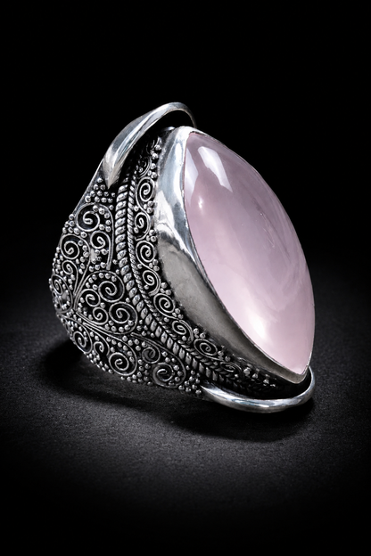 Solid Sterling Silver Rose Quartz Ring – Heavy Marquise Cabochon Adjustable Statement Ring