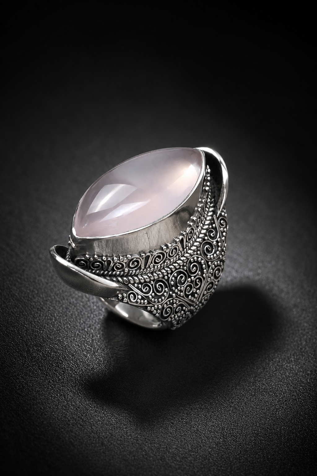 Solid Sterling Silver Rose Quartz Ring – Heavy Marquise Cabochon Adjustable Statement Ring
