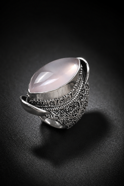 Solid Sterling Silver Rose Quartz Ring – Heavy Marquise Cabochon Adjustable Statement Ring