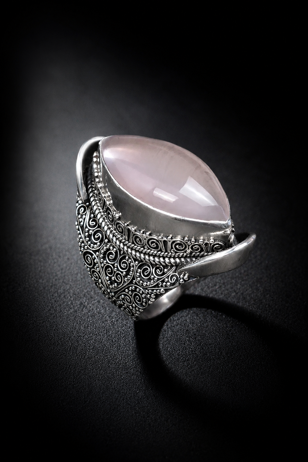 Solid Sterling Silver Rose Quartz Ring – Heavy Marquise Cabochon Adjustable Statement Ring