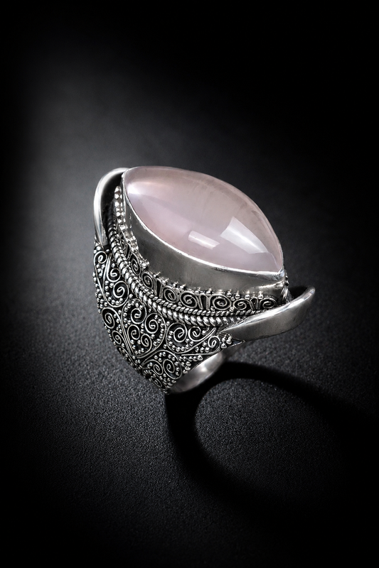 Solid Sterling Silver Rose Quartz Ring – Heavy Marquise Cabochon Adjustable Statement Ring