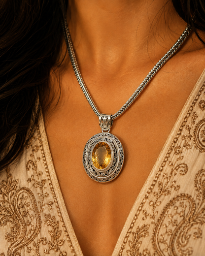 40ct Citrine Pendant Necklace, Heavy Solid Sterling Silver Ornate Filigree Statement Pendant, Premium Oval Golden Citrine Jewelry