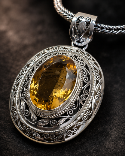 40ct Citrine Pendant Necklace, Heavy Solid Sterling Silver Ornate Filigree Statement Pendant, Premium Oval Golden Citrine Jewelry