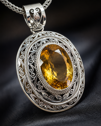 40ct Citrine Pendant Necklace, Heavy Solid Sterling Silver Ornate Filigree Statement Pendant, Premium Oval Golden Citrine Jewelry