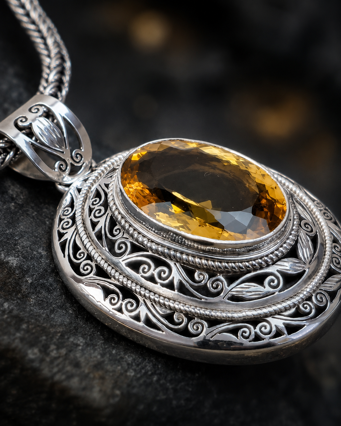 40ct Citrine Pendant Necklace, Heavy Solid Sterling Silver Ornate Filigree Statement Pendant, Premium Oval Golden Citrine Jewelry