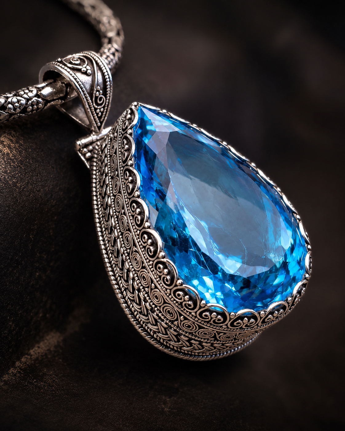 70ct Swiss Blue Topaz Pendant, Heavy Solid 925 Sterling Silver Statement Jewelry