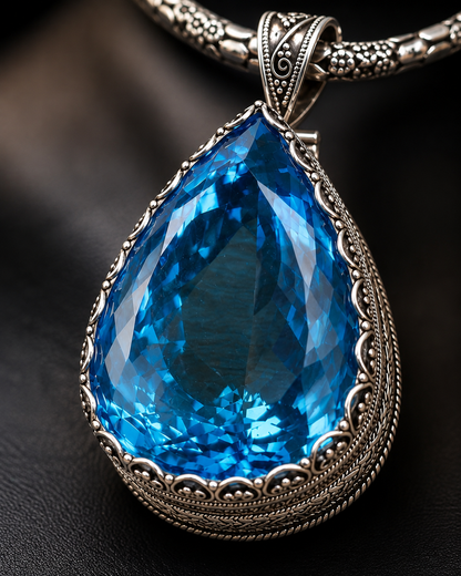 70ct Swiss Blue Topaz Pendant, Heavy Solid 925 Sterling Silver Statement Jewelry