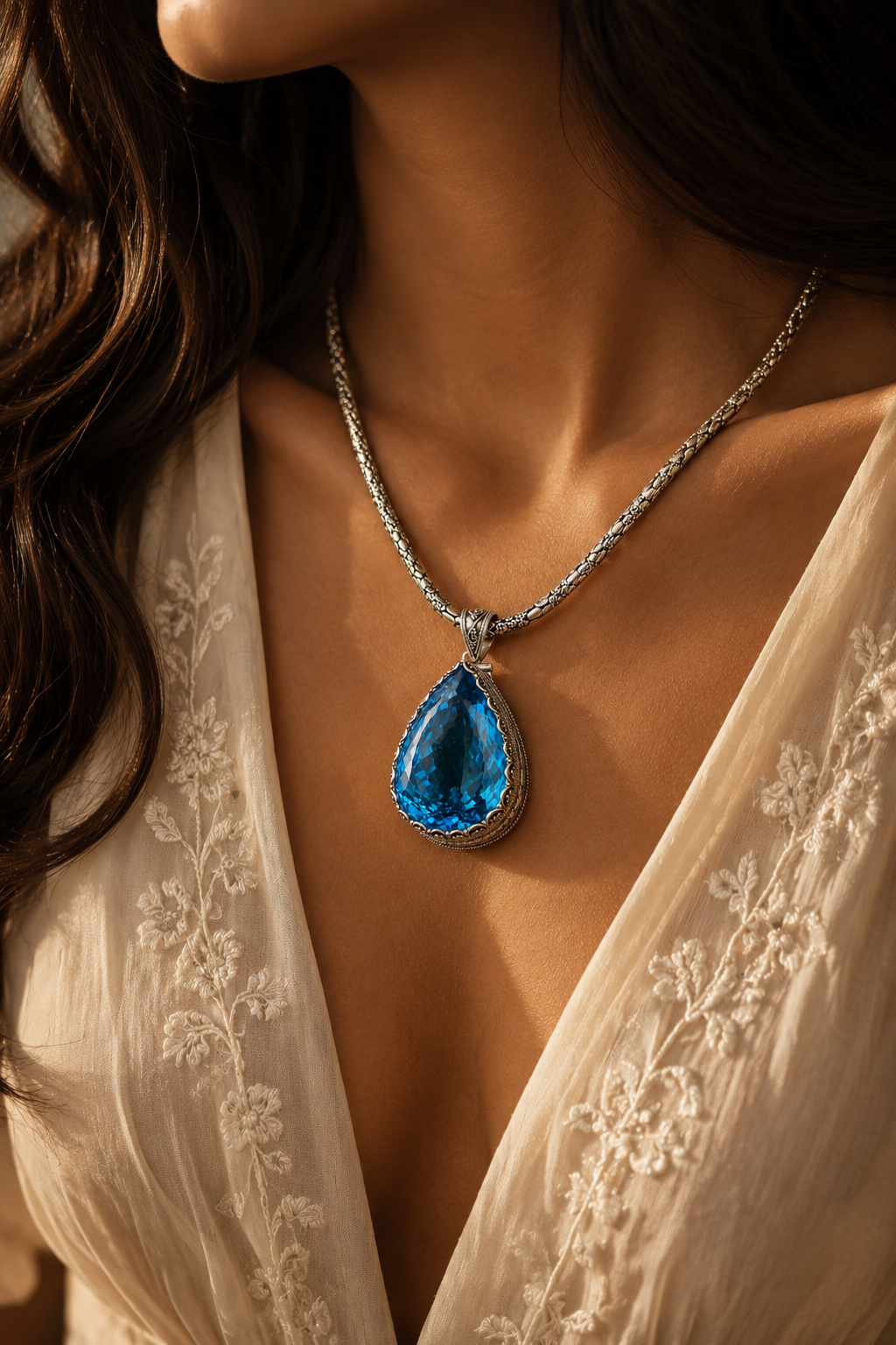 70ct Swiss Blue Topaz Pendant, Heavy Solid 925 Sterling Silver Statement Jewelry