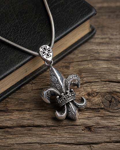 Solid Sterling Silver Fleur De Lis Crown Pendant with Black Spinel | Premium 925 Silver Gothic Cross Necklace Pendant