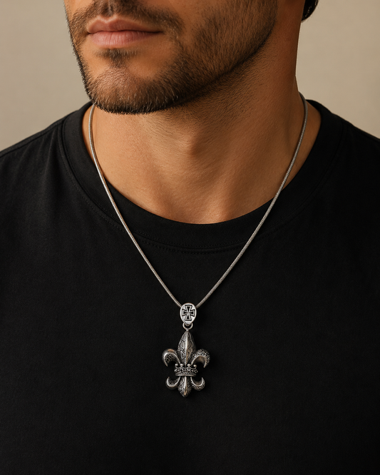 Solid Sterling Silver Fleur De Lis Crown Pendant with Black Spinel | Premium 925 Silver Gothic Cross Necklace Pendant