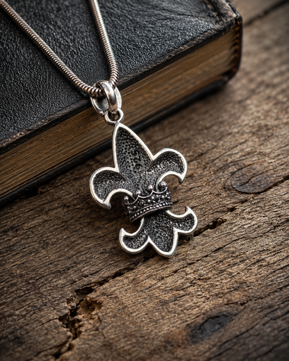 Solid Sterling Silver Fleur De Lis Crown Pendant with Black Spinel | Premium 925 Silver Gothic Cross Necklace Pendant