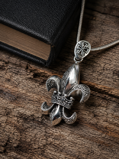 Solid Sterling Silver Fleur De Lis Crown Pendant with Black Spinel | Premium 925 Silver Gothic Cross Necklace Pendant