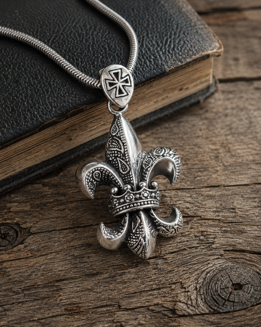 Solid Sterling Silver Fleur De Lis Crown Pendant with Black Spinel | Premium 925 Silver Gothic Cross Necklace Pendant